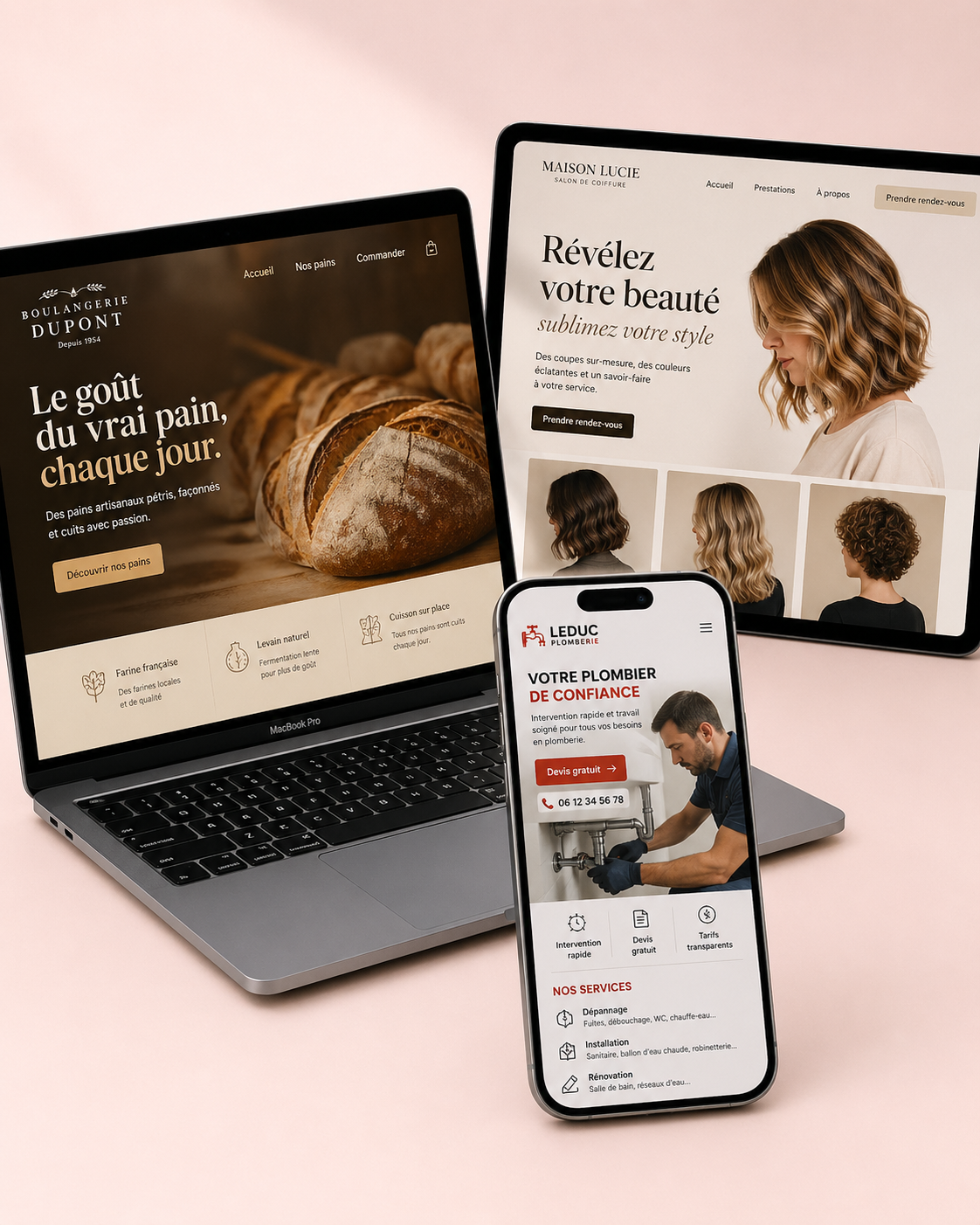 3 sites Knal sur MacBook, iPad et iPhone : boulangerie, salon de coiffure et plombier